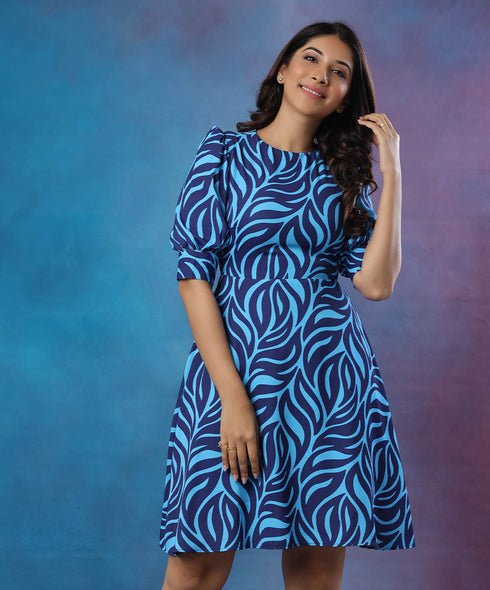 Puffed Sleeve Printed Floral Blue Dress